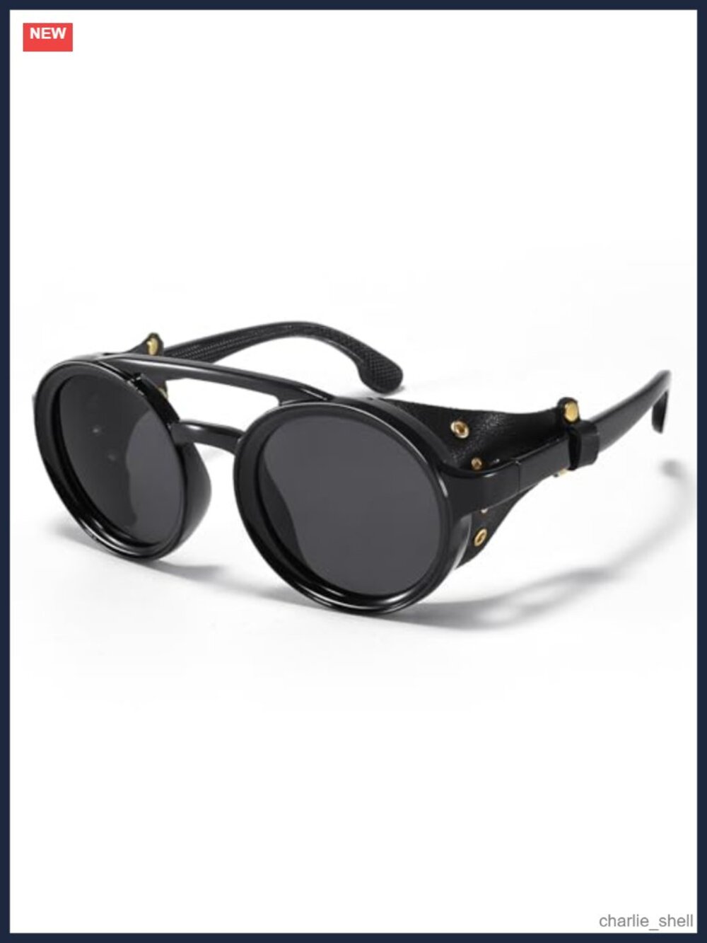 Polarized Round Steampunk Sunglasses Leather Shield UV400 Retro
